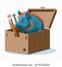 A Boar in a box with a paintbrush flat logo style