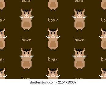Boar cartoon character seamless pattern on brown background. Pixel style.