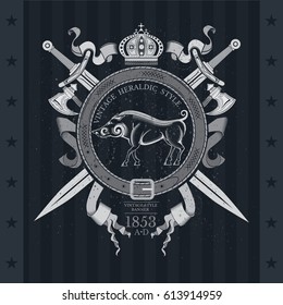 Boar in center of belt frame with ribbons, swords and axe. Heraldic vintage label on blackboard