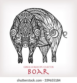 Boar. Chinese zodiac collection. Decorative outline hand drawn in zentangle style. Black and white.