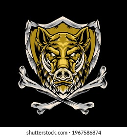 Boar with cross bone and shield illustration full vector for your business or merchandise