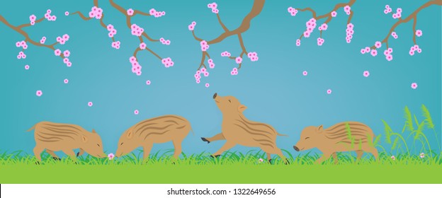 Boar cubs happily walking in forest with Sakura Trees Background, Vector illustration for Japan Hanami Festival Decoration