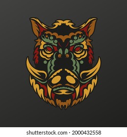 Boar face in baroque color. The muzzle of an animal from the patterns of ancient tribes. Isolated. Vector illustration