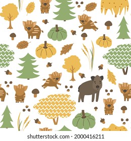 Boar family is in the forest seamless pattern. Autumn hog, little piglets animals are happy. Vector childish illustration of hand drawn leaves, acorn, pumpkin, mushrooms, christmas trees