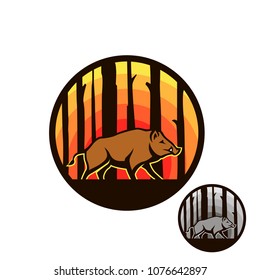 Boar in forest circle badge. Vector illustration