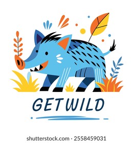 Boar with get wild text, flat sticker 
