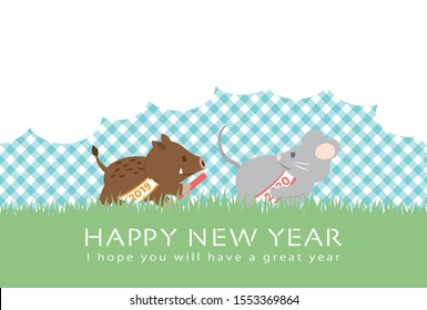 Boar giving a relay baton to mouse. Japanese New Year's card in 2020.