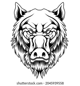 Boar head in black and white color style. Vector Illustration