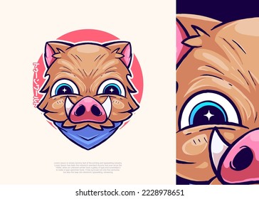 boar head character illustration, icon vector, flat cartoon style.