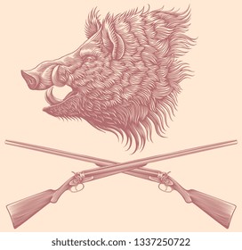 Boar head. Design set. Hand drawn engraving. Editable vector vintage illustration. Isolated on light background. 8 EPS 