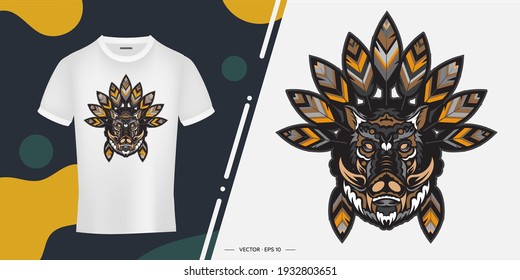 Boar head with Indian feathers. Ready-made print for T-shirts, cups and phone cases. Vector illustration.