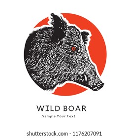 Boar head on red circle - graphic illustration. Monochrome icon of wild animal, vector clip art in engraving style. 