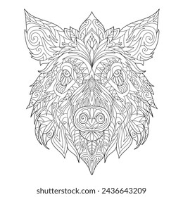 A Boar head, pig portrait. Detailed coloring page for adults. Zen antistress. Line art