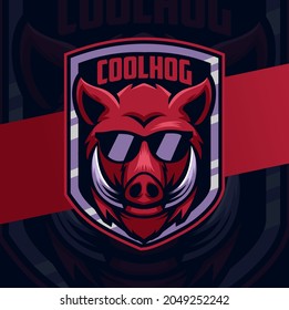 boar hog head mascot character logo design with badge and glasses