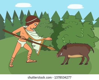boar hunting in ancient world, young man attacks a boar with spear, vector cartoon