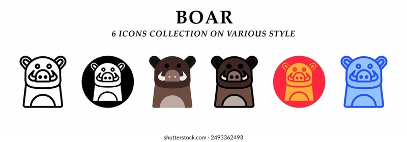 Boar icons collection. 6 Various styles. Lineal, solid black, flat, lineal color and gradient. For sign, symbol, presentation, infographic or web graphics. Vector Illustration.