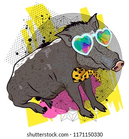 Boar in iridescent glasses. Animal cool illustration.