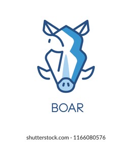 Boar logo design, blue label, badge or emblem with head of hog animal vector Illustration on a white background