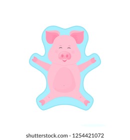 Boar making snow angel. Piglet on winter vacation. Cartoon pig outdoor.