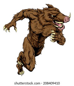 A boar man character or sports mascot charging, sprinting or running