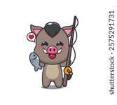 boar mascot cartoon character vector illustration catching fish with fishing rod.
design element for poster, brochure, web, mascot, sticker, logo and icon.