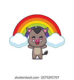 boar mascot cartoon character vector illustration with rainbow.
design element for poster, brochure, web, mascot, sticker, logo and icon.