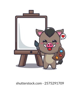 boar mascot cartoon character vector illustration wants to paint on canvas.
design element for poster, brochure, web, mascot, sticker, logo and icon.