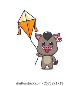 boar mascot cartoon character vector illustration playing kite.
design element for poster, brochure, web, mascot, sticker, logo and icon.