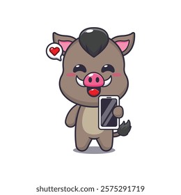 boar mascot cartoon character vector illustration with mobile phone.
design element for poster, brochure, web, mascot, sticker, logo and icon.