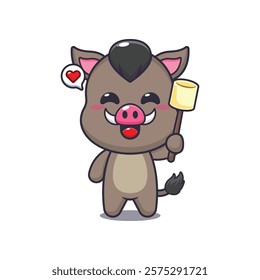 boar mascot cartoon character vector illustration eating marshmallow.
design element for poster, brochure, web, mascot, sticker, logo and icon.