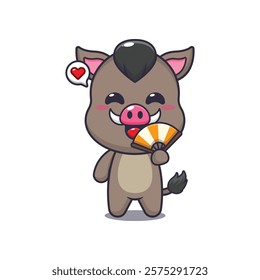 boar mascot cartoon character vector illustration with hand fan.
design element for poster, brochure, web, mascot, sticker, logo and icon.