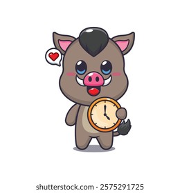 boar mascot cartoon character vector illustration with clock.
design element for poster, brochure, web, mascot, sticker, logo and icon.