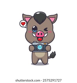 boar mascot cartoon character vector illustration with camera.
design element for poster, brochure, web, mascot, sticker, logo and icon.