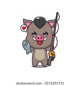 boar mascot cartoon character vector illustration catching fish with fishing rod.
design element for poster, brochure, web, mascot, sticker, logo and icon.