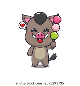 boar mascot cartoon character vector illustration eating dango. 
design element for poster, brochure, web, mascot, sticker, logo and icon.