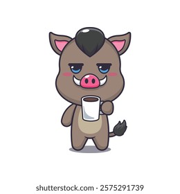 boar mascot cartoon character vector illustration is tired and sleepy holding coffee. 
design element for poster, brochure, web, mascot, sticker, logo and icon.