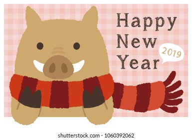 Boar with muffler , 2019 new year card