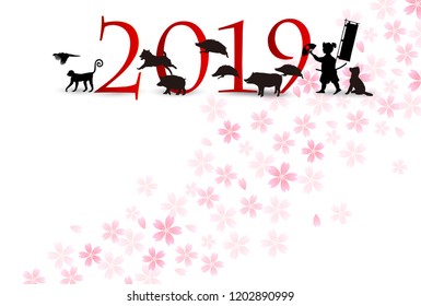 boar New Year card Cherry blossoms background
