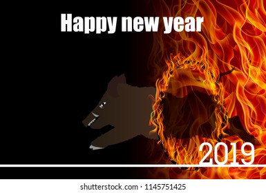 Boar New Year card Flame background
