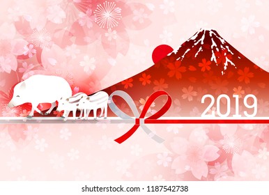 boar New Year card Fuji background