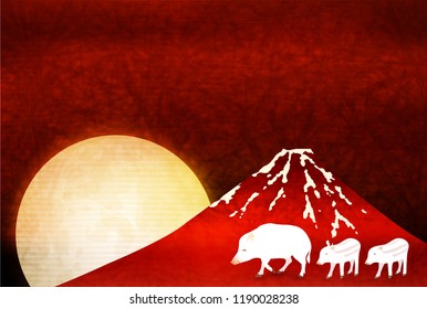 boar New Year card Fuji background