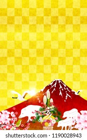 boar New Year card Fuji background