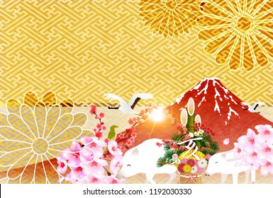 boar New Year card Fuji background