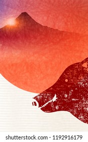 boar New Year card Fuji background