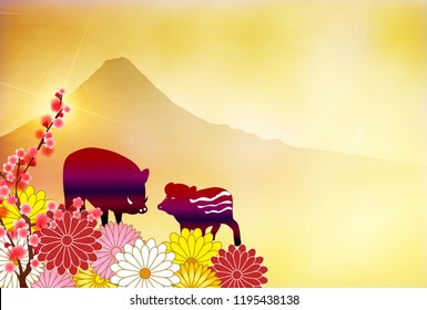 boar New Year card Fuji background