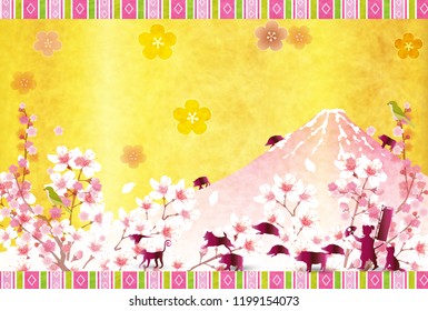 boar New Year card Fuji background