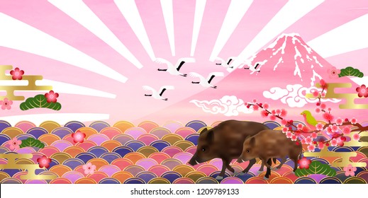boar New Year card Fuji sunrise background