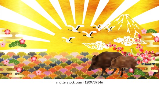 boar New Year card Fuji sunrise background