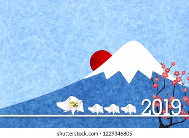 boar New Year card Fuji background
