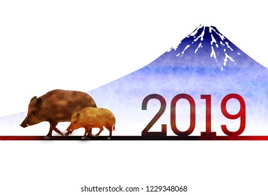 boar New Year card Fuji background
